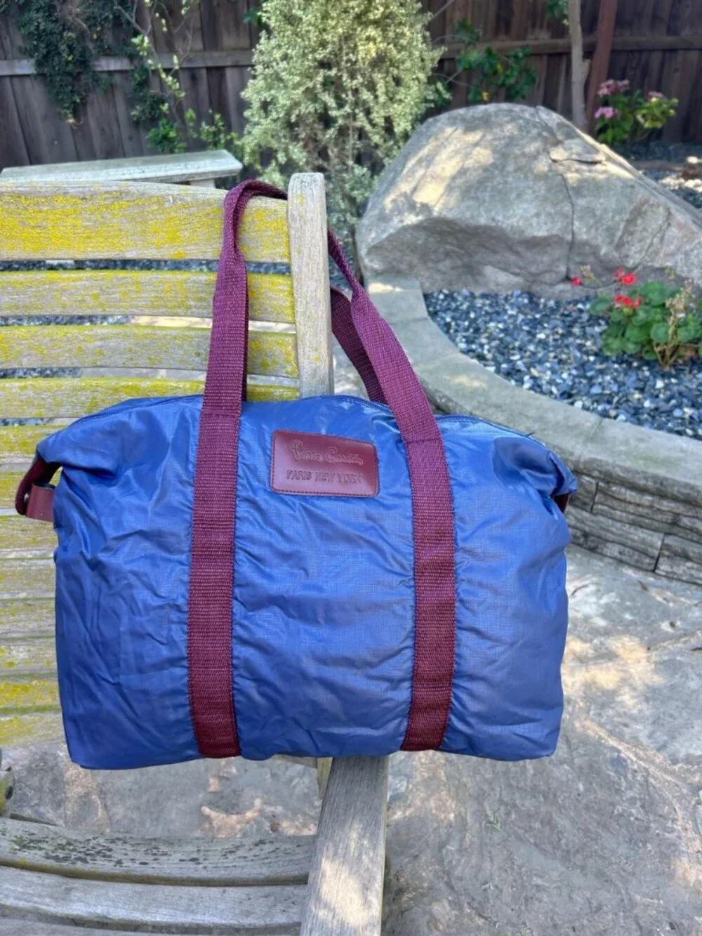 Pierre Cardin Vintage 80s Blue Nylon Duffle Gym Bag Maroon Straps